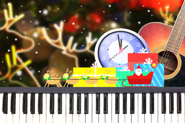 Christnas party music with piano and guitar at midnight time on christmas night blur background.