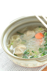 Asian food, fish cake and glass noodles hot pot