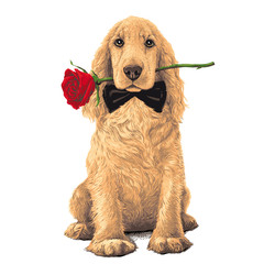 Golden Cocker Spaniel Dog sitting with a Red Rose in His Mouth