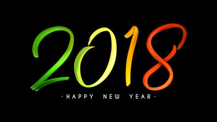 2018 New Year Hand Drawn Lettering Isolated on Black Background. Design of Happy New Year Symbol Drawn Acrylic Paint. Vector Illustration for Greeting Cards or Festive Compositions.