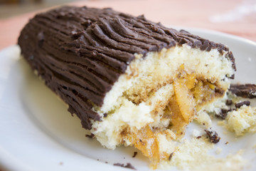 yule log cake covered with chocolate