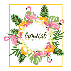 Tropical background with flamingos and pineapples. Summer vector illustration design. Flamingo background. Monstera leaves banner. Exotic background poster