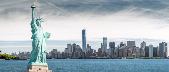 The Statue of Liberty with One World Trade Center background, Landmarks of New York City, USA - obrazy, fototapety, plakaty