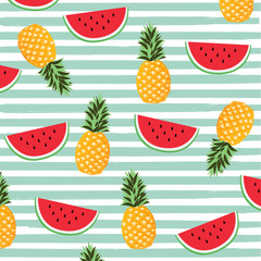 Pineapple and watermelon with stripes seamless pattern background. Fruit poster design. Wallpaper, invitation card, textile print vector illustration design