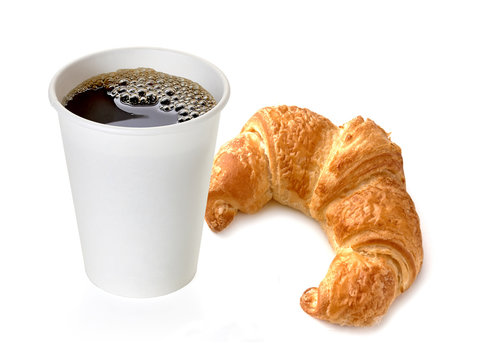 Coffee in takeaway cup on white background with croissant