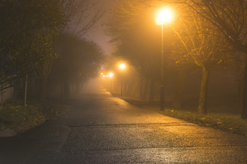 Dark alley in heavy fog iluminated by street lamps