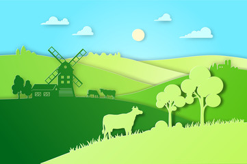 Paper design fields and meadow illustration eco natural farming concept. Farm landscape vector flat illustration for eco product package. Ecological green farming.