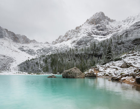 Lake in the mountain valley in the Italy. Beautiful natural landscape in the Italy mountains.