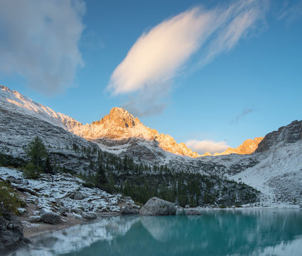 Lake in the mountain valley in the Italy. Beautiful natural landscape in the Italy mountains.