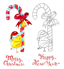 Design set with cute chicken holding candy. Hand drawn illustration for poster, greeting card, invitation