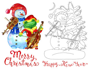 Design set with snowman and frog playing music. Hand drawn illustration for poster, greeting card, invitation