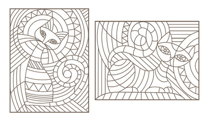 Set of outline illustrations in the style of stained glass with abstract cats