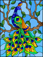 Naklejki  Ilustracja w stylu witrażu ptak paw i gałęzie drzew na tle błękitnego nieba
