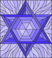 Illustration in stained glass style with an abstract six-pointed blue star on a blue background
