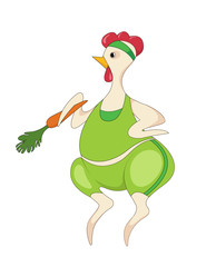 A funny hen in a workout outfit with a carrot, a cartoon character. An active and healthy lifestyle concept.