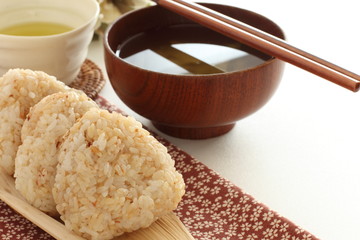Japanese food, homemade sesame and soy sauce rice ball