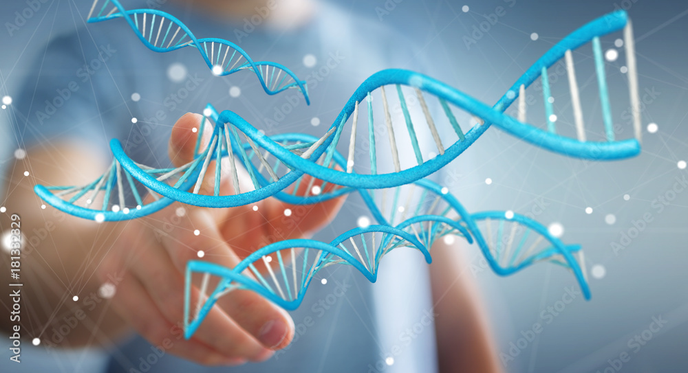 Poster Businessman using modern DNA structure 3D rendering