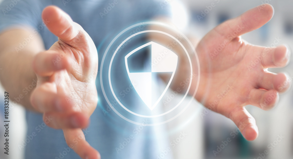 Poster businessman using shield safe protection to protect his datas 3d rendering