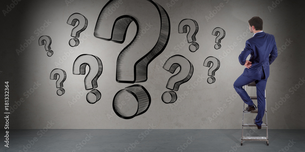 Aufkleber businessman watching question marks sketch on a wall 3d rendering