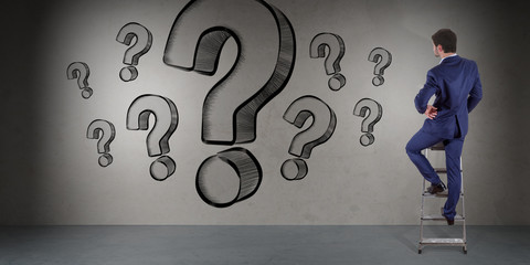 Businessman watching question marks sketch on a wall 3D rendering