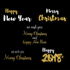 Merry Christmas text design Set of calligraphic greeting inscriptions for Christmas and New year in white and gold colors on black background