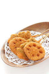 Japanese food, lotus root and bread crumbs deep fried Kushiage