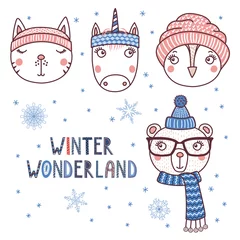 Poster Set of hand drawn cute funny portraits of cat, bear, unicorn, owl in different warm hats, text Winter wonderland. Isolated objects on white background. Vector illustration. Design concept for children © Maria Skrigan