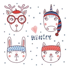 Poster Set of hand drawn cute funny portraits of cat, rabbit, deer, unicorn in different warm hats, text Winter, heart. Isolated objects on white background. Vector illustration. Design concept for children. © Maria Skrigan