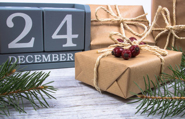 Rustic gift box with kraft paper. Christmas gift.