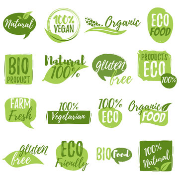 Stickers and badges for organic food and drink, restaurant, food store, natural products, farm fresh food, healthy products promotion. Natural products badges vector illustration