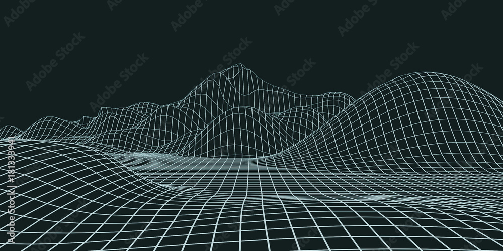 Fototapete Abstract landscape background. Mesh structure. Polygonal wave wireframe background. 3d rendering