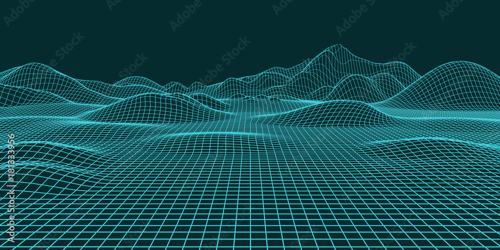 Poster abstract landscape background. mesh structure. polygonal wave wireframe background. 3d rendering