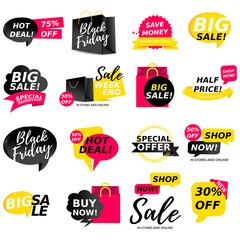 Colorful sale stickers collection. Sale badges. Online shopping, sale and promotion, website and mobile badges, promo banners, special offer, shopping vector illustration design and marketing material