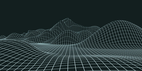 Abstract landscape background. Mesh structure. Polygonal wave wireframe background. 3d rendering