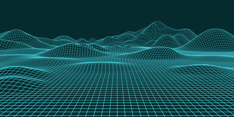 Abstract landscape background. Mesh structure. Polygonal wave wireframe background. 3d rendering