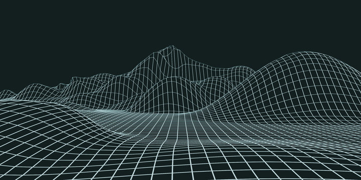 Abstract landscape background. Mesh structure. Polygonal wave wireframe background. 3d rendering