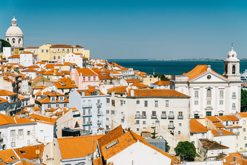 Obraz premium Panoramic View Of Downtown Lisbon Skyline Of The Old Historical City In Portugal