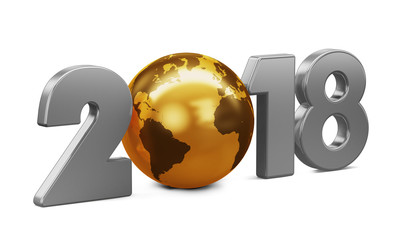 Metallic inscription 2018 with a gold globe on a white background. 3d render illustration. New Year.