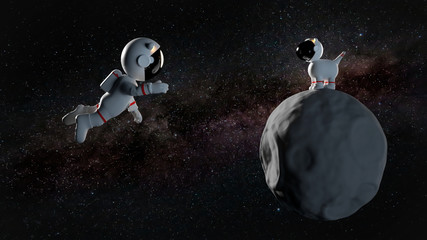 Obraz na płótnie Canvas cute cartoon astronaut character and a space dog on asteroid in white space suits in front of star field 