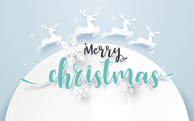 Big Moon and Reindeer with Merry Christmas text on soft blue background. Paper art and craft Style