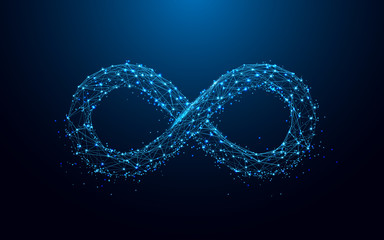 Infinity icon from lines and triangles, point connecting network on blue background. Illustration vector