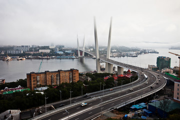 Naklejka premium The Zolotoy Golden Bridge is cable-stayed bridge across the Zolotoy Rog (Golden Horn) in Vladivostok, Russia