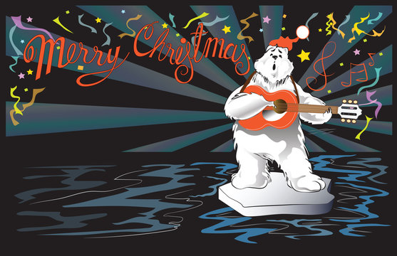 Christmas and New year party card by Polar Bear at night