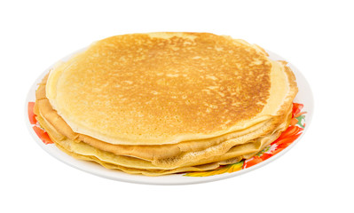 Plate with pancakes isolated on white.