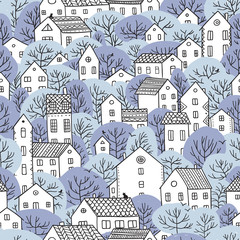 trees and houses seamless pattern winter light blue colors