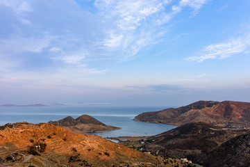Stunning view to the sea from the chora of Patmos island, Greece, in the evening 