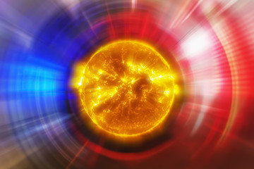 Blurry Background of futuristic art background with powerful sun in center.Sun image furnished by NASA.