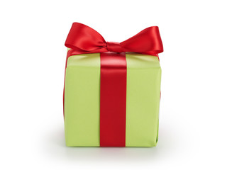 green gift box with red ribbon bow isolated on white