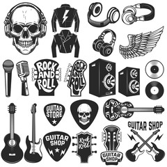 Set of the rock music design elements. Guitar shop. Design elements for logo, label, emblem, sign, poster. Vector illustration - obrazy, fototapety, plakaty