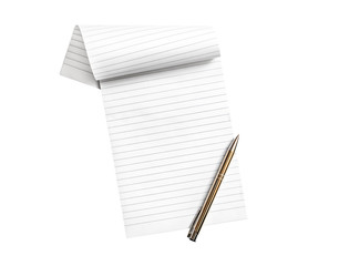 Blank notepad with pen isolated on white background.